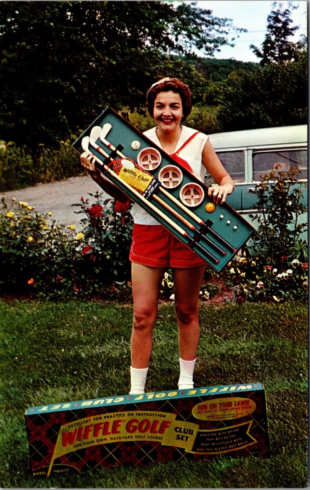 Advertising Postcard Woman Holding a Wiffle Golf Club Set Fun on Your Lawn