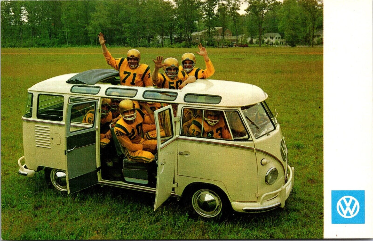 Advertising Postcard Football Players Inside VW Volkswagen Bus 21 Window Ragtop