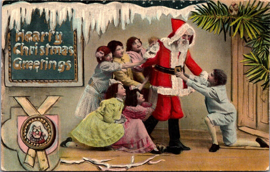 Christmas Postcard Children Grabbing Onto Santa Claus