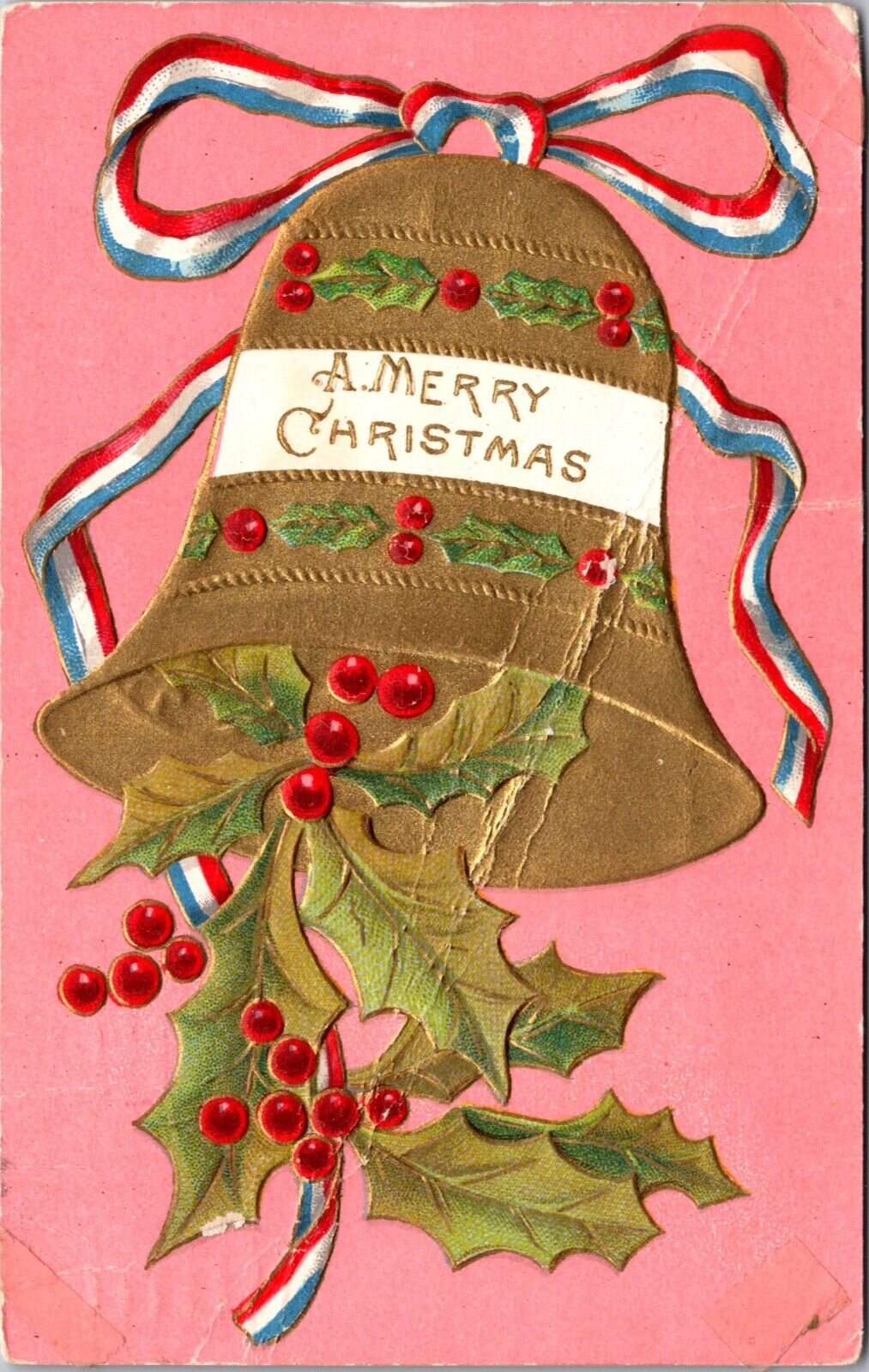 Christmas Postcard Patriotic Ribbon Tied on a Gold Bell with Holly