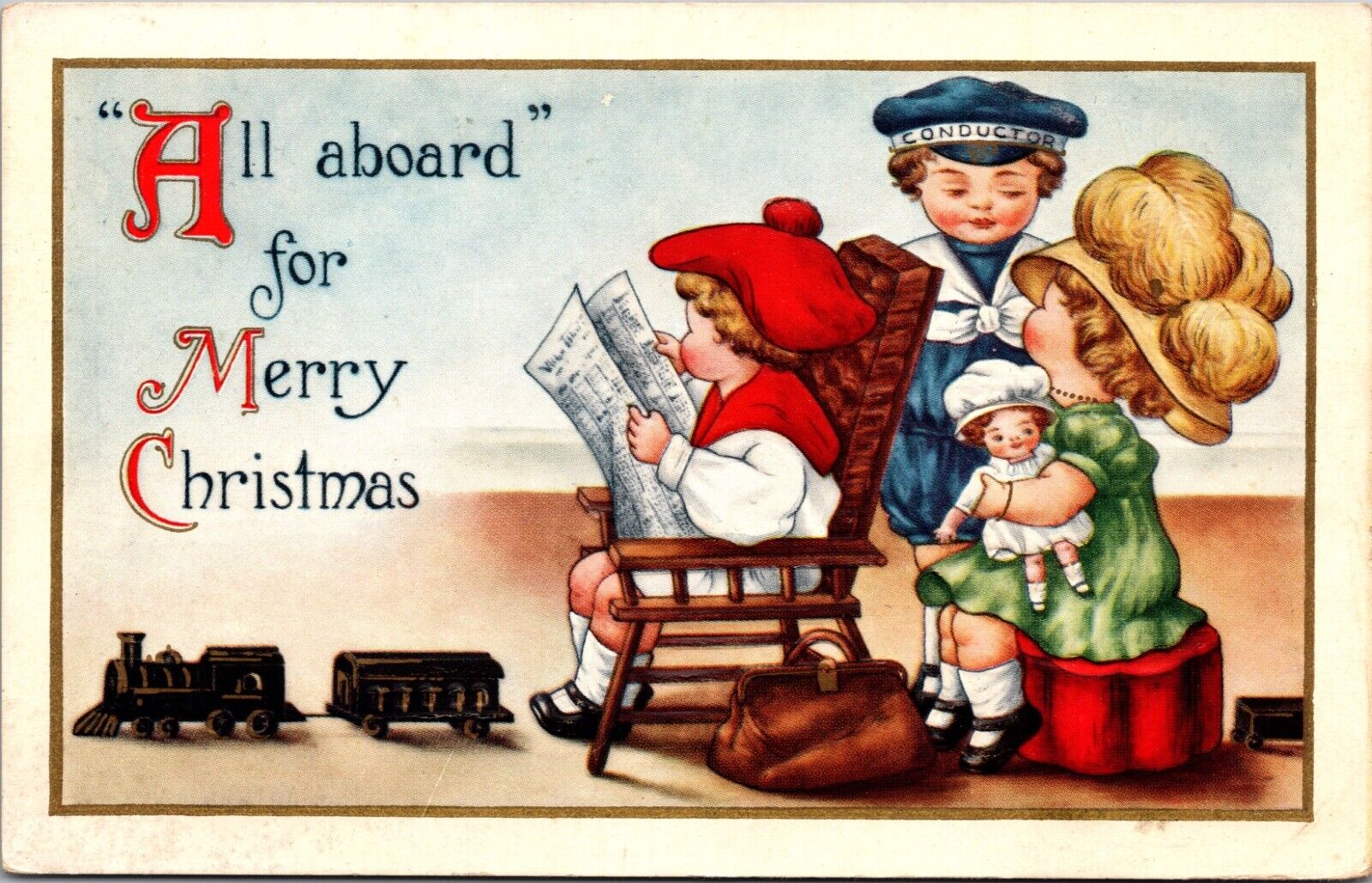 Christmas Postcard Children Pretending To Be on a Train Conductor Railroad Toys