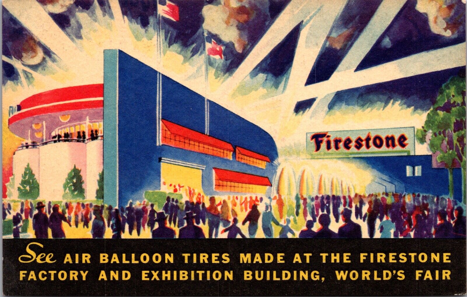 1934 Linen Postcard Firestone Tire & Rubber Co Factory and Exhibition Building