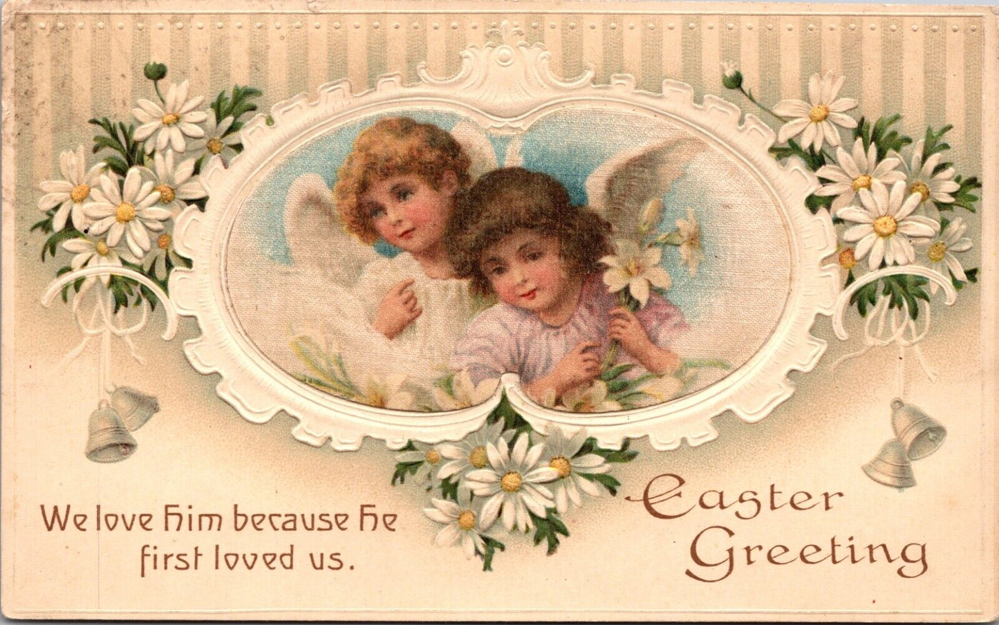 Silk Easter Postcard Two Children Angels White Daisy Flowers and Bells