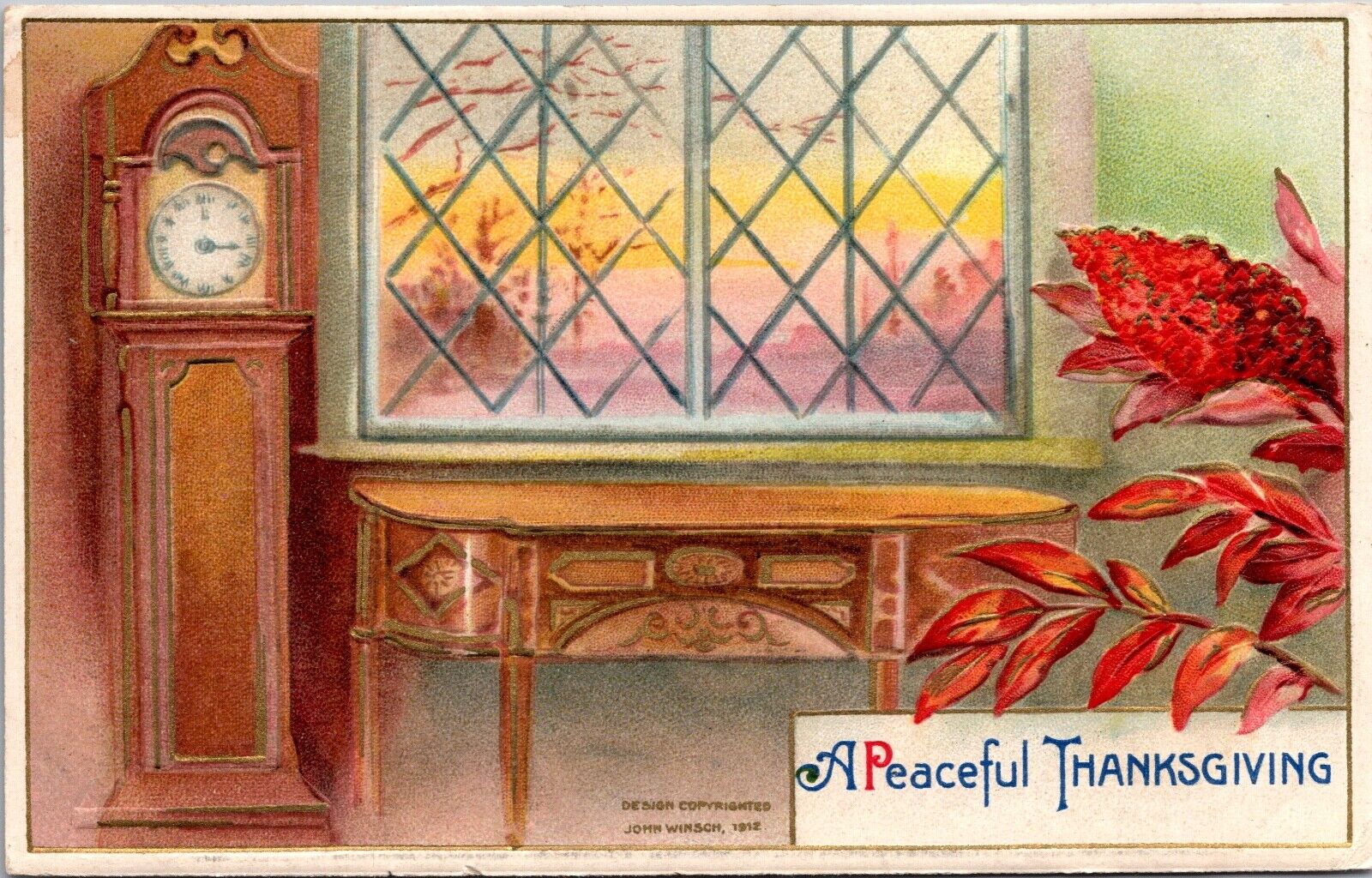 1912 Winsch Postcard Grandfather Clock Table Window Looking Out To Fall Scene