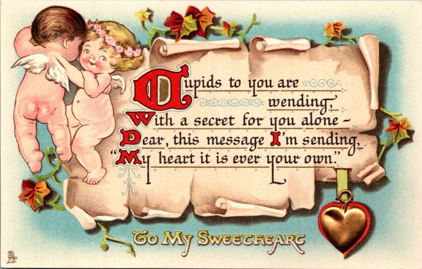 Valentine Postcard Cupids Sending Message Metal Gold Heart Charm