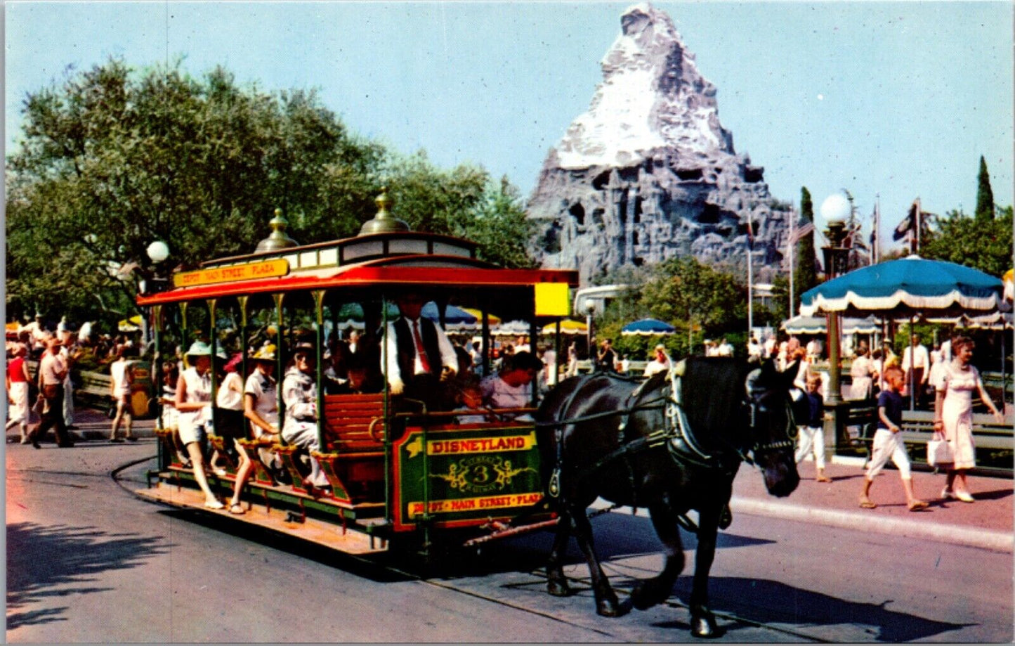 Disneyland Postcard Horse Drawn Streetcar Main Street Matterhorn Mountain