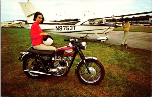 Advertising Postcard Woman on Triumph Bonneville Motorcycle