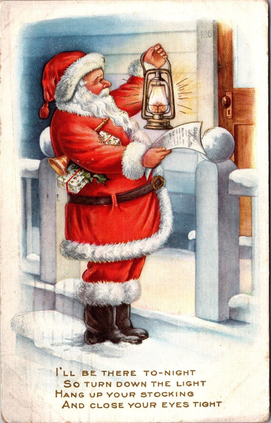 Christmas Postcard Santa Claus at Door Reading a List with a Lantern Gifts~3615