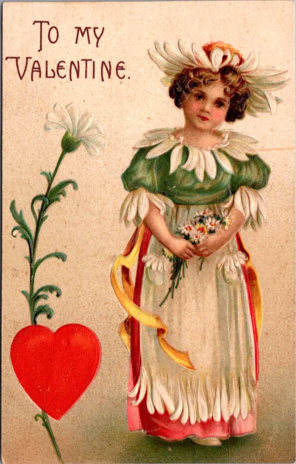 Valentine's Day Postcard Little Girl Dressed Like White Daisy Flower, Heart