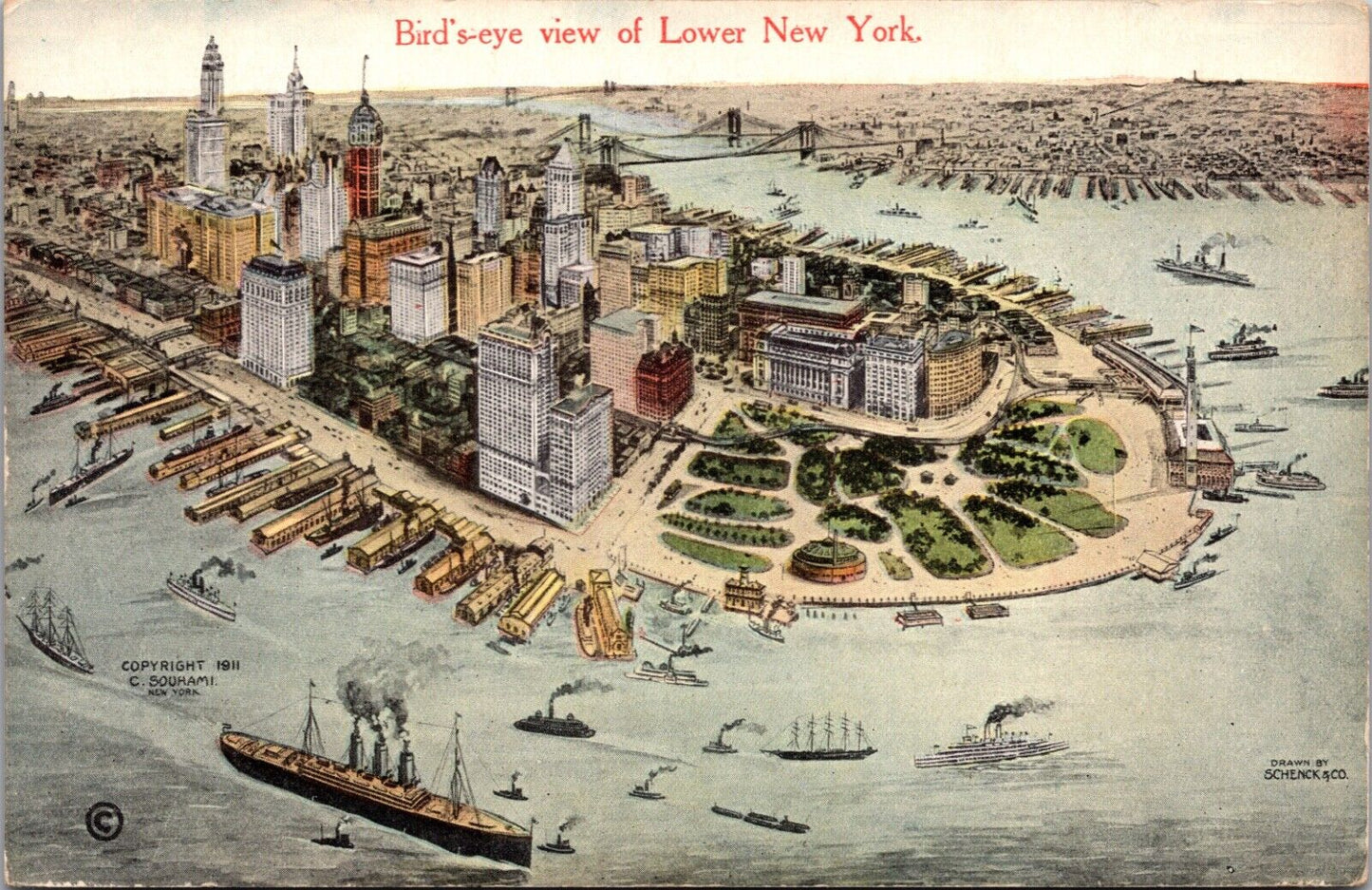 1911 Postcard Birds Eye View of Lower New York