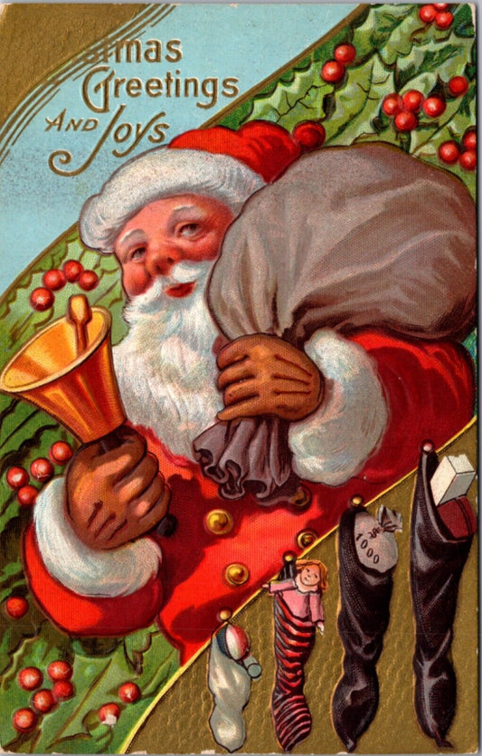 Christmas Postcard Santa Claus Ringing Gold Bell Sack of Toys Stockings Filled