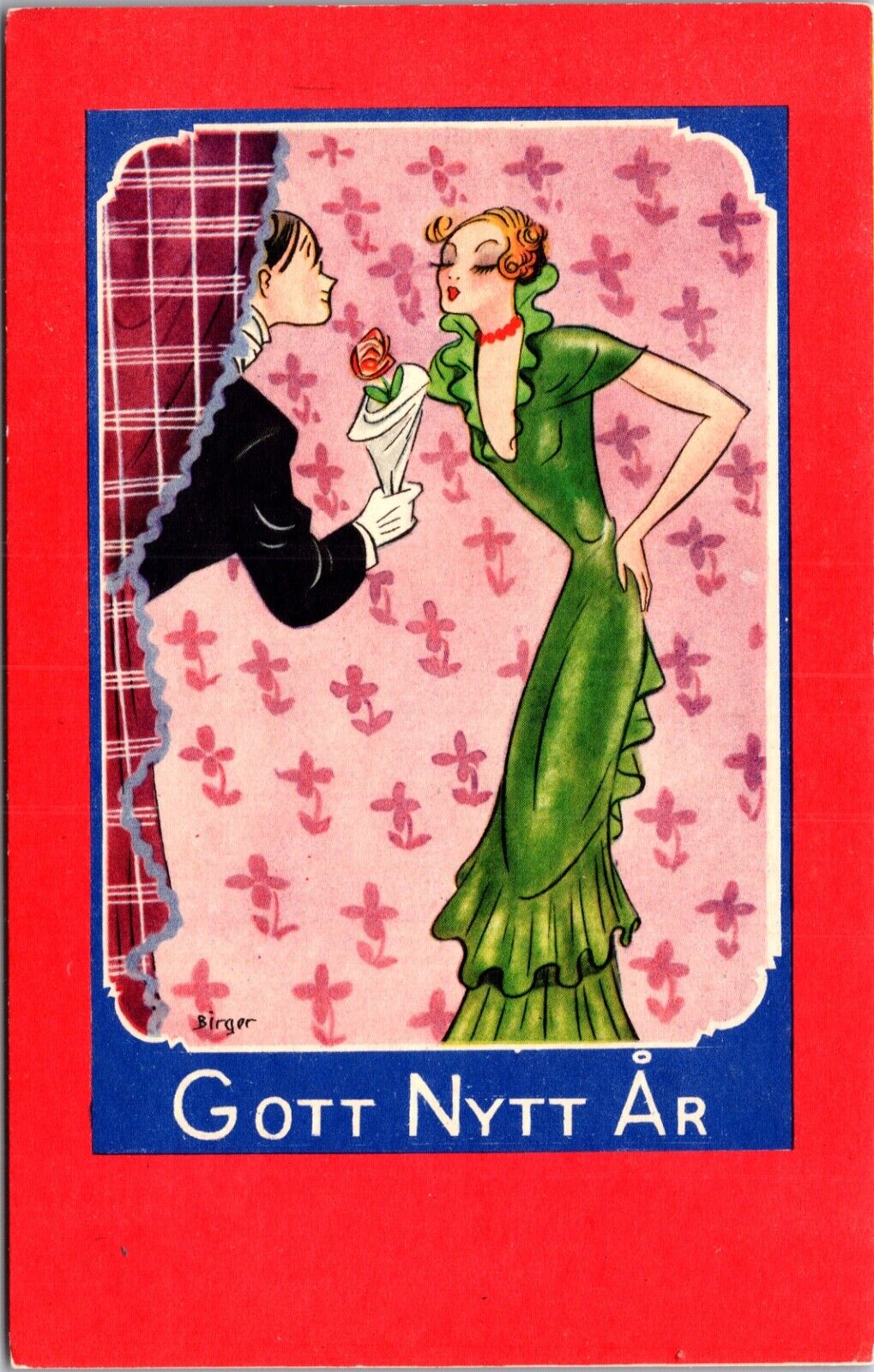 Birger artwork Postcard Gott Nytt Ar Happy New Year Man Giving Rose to Woman