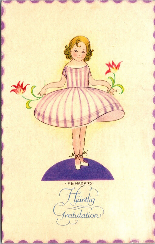 Swedish Postcard Hjartlig Gratulation Heartfelt Congratulations Girl Flowers