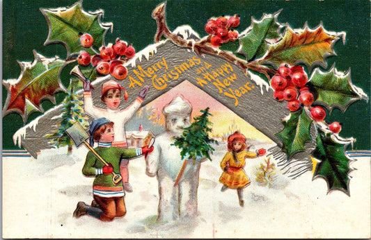 Christmas New Year Postcard Children Building a Snowman Holding a Tree