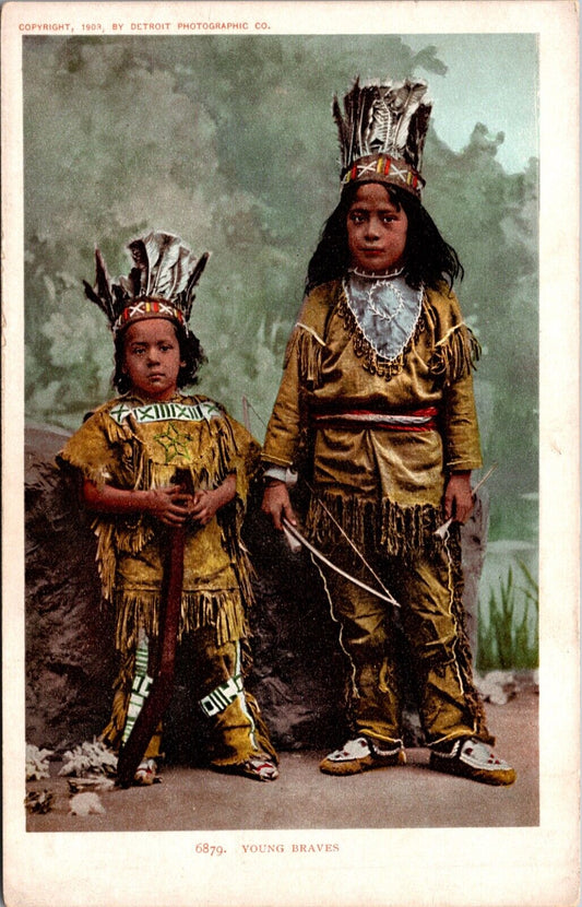 1908 Postcard Young Braves Two Indian Children