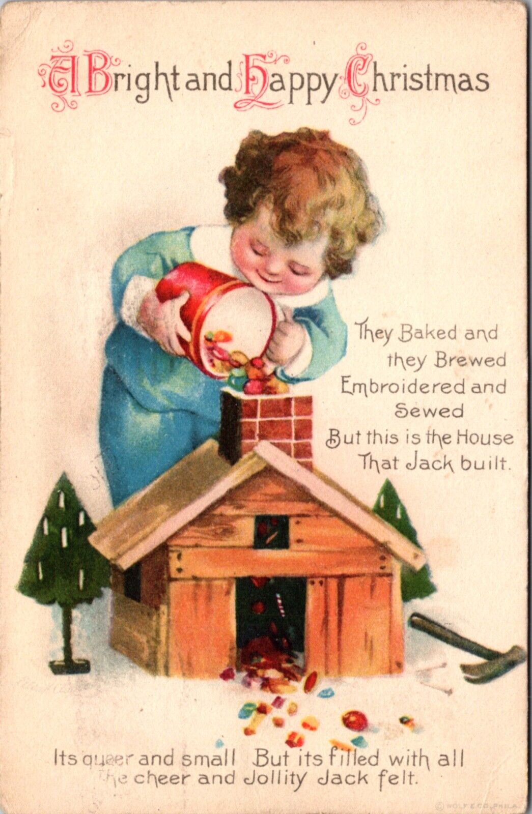 Christmas Postcard Little Boy Pouring Gems Into House That Jack Built