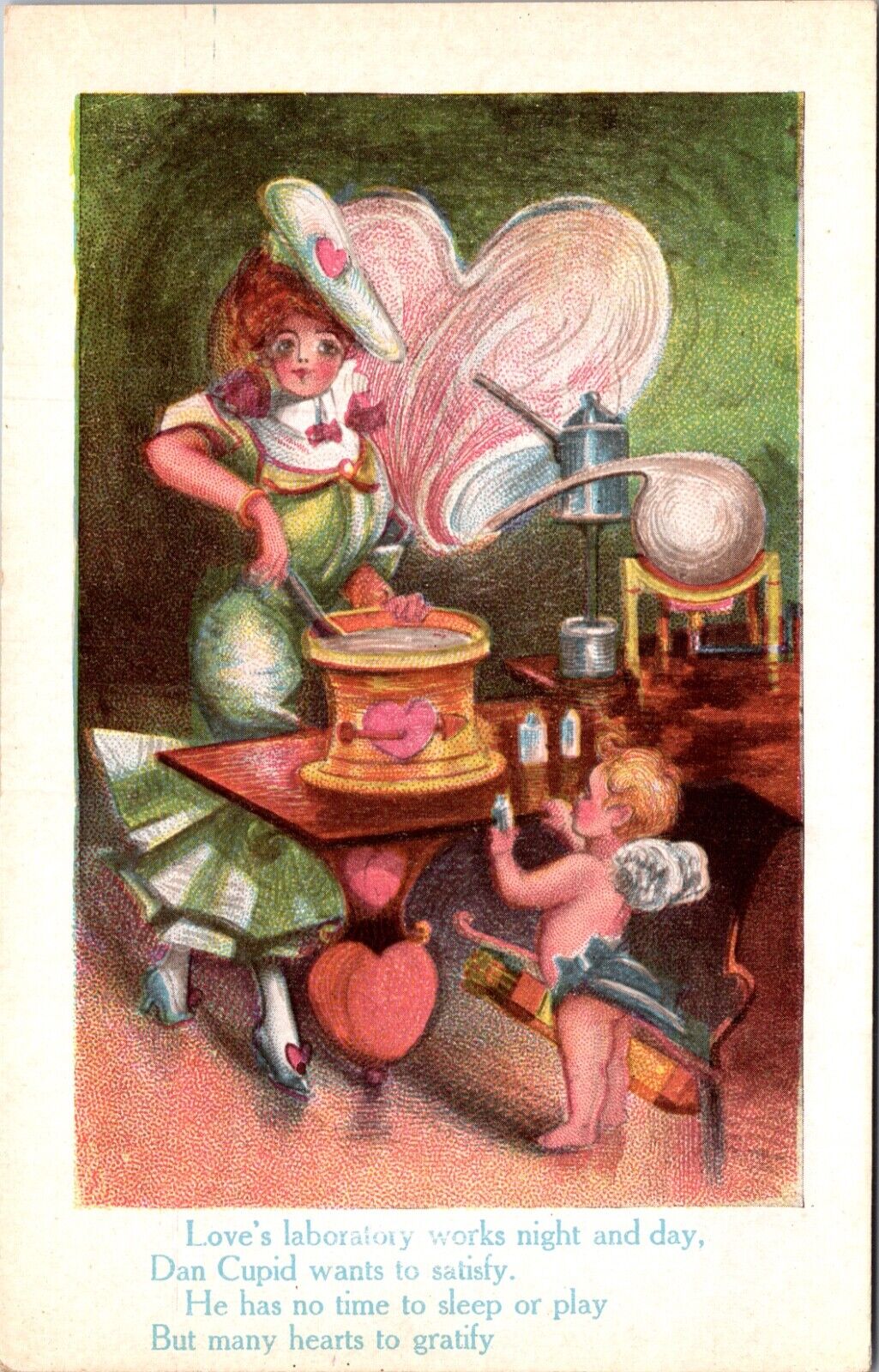 Valentine Postcard Love's Laboratory Woman and Cupid Creating Potion Serum