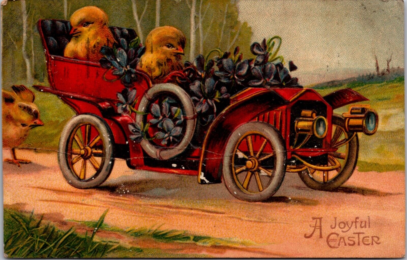 Easter Postcard Chicks Driving in an Automobile with Purple Flowers