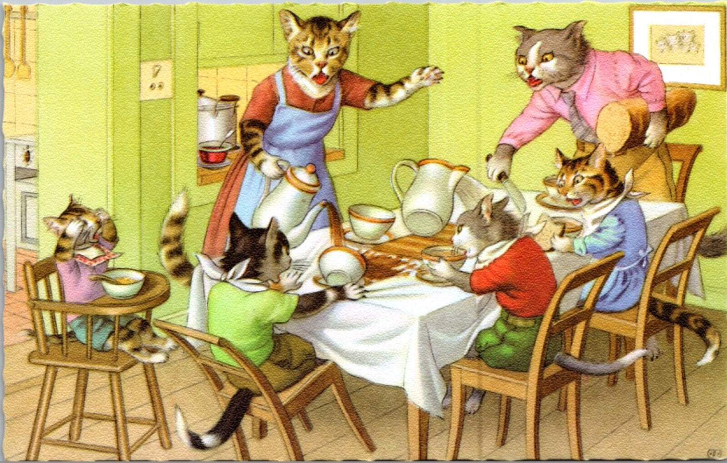 Alfred Mainzer artwork PC Dressed Cats Kittens Spilling Food at Dining Table