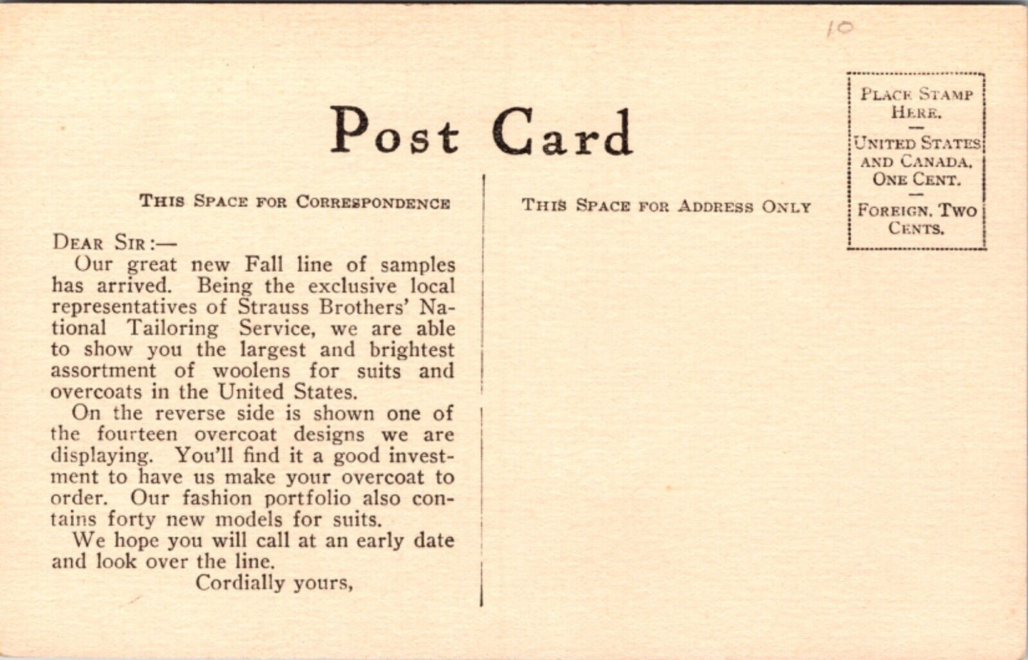 Strauss Brothers' National Tailoring Service No. 905 The Chesterfield Overcoat