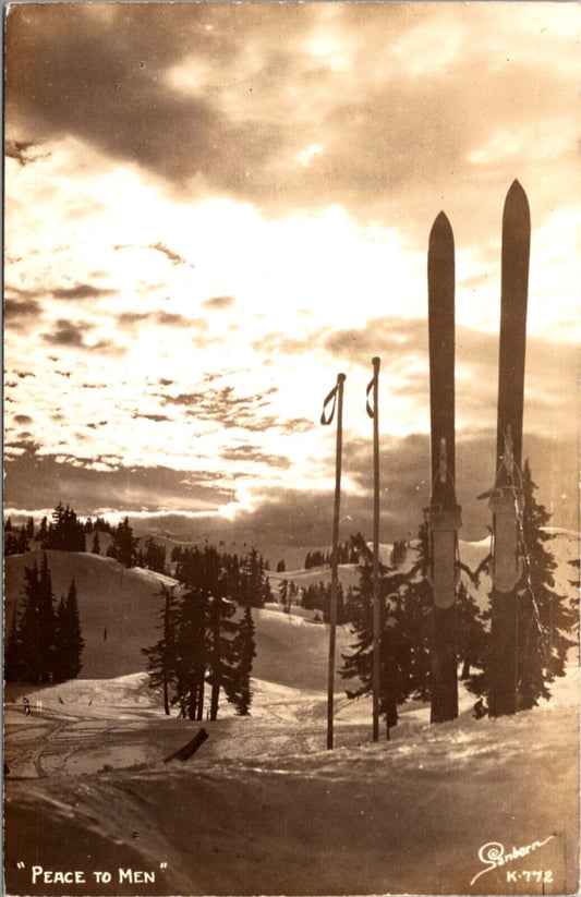 Sanborn Real Photo Postcard Skis & Poles Stuck in Snow of Mountain Peace to Men