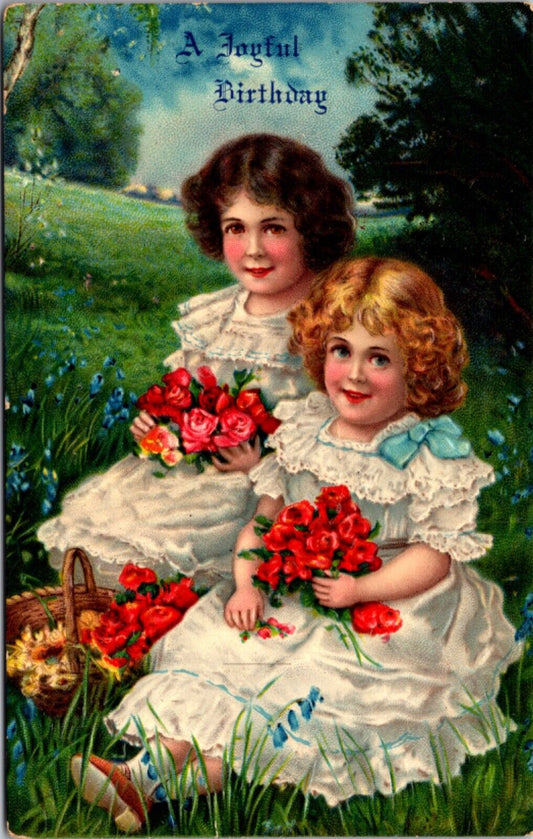 Birthday Postcard Two Girls Sitting in a Field with Bouquets of Roses