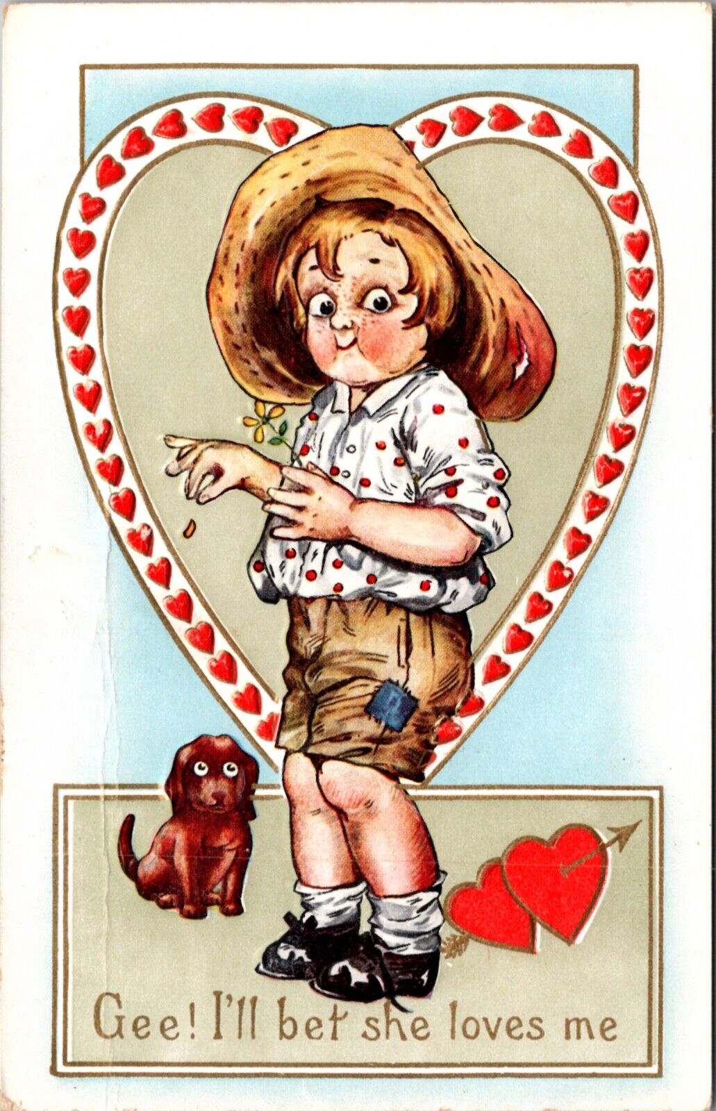 Valentine's Day PC Boy Picking Pedals Off Daisy Flower Dog Hearts Arrow Love