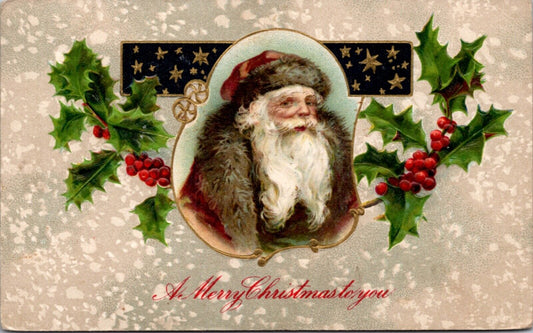 Christmas Postcard Brown Suited Santa Claus Gold Stars and Holly Branches