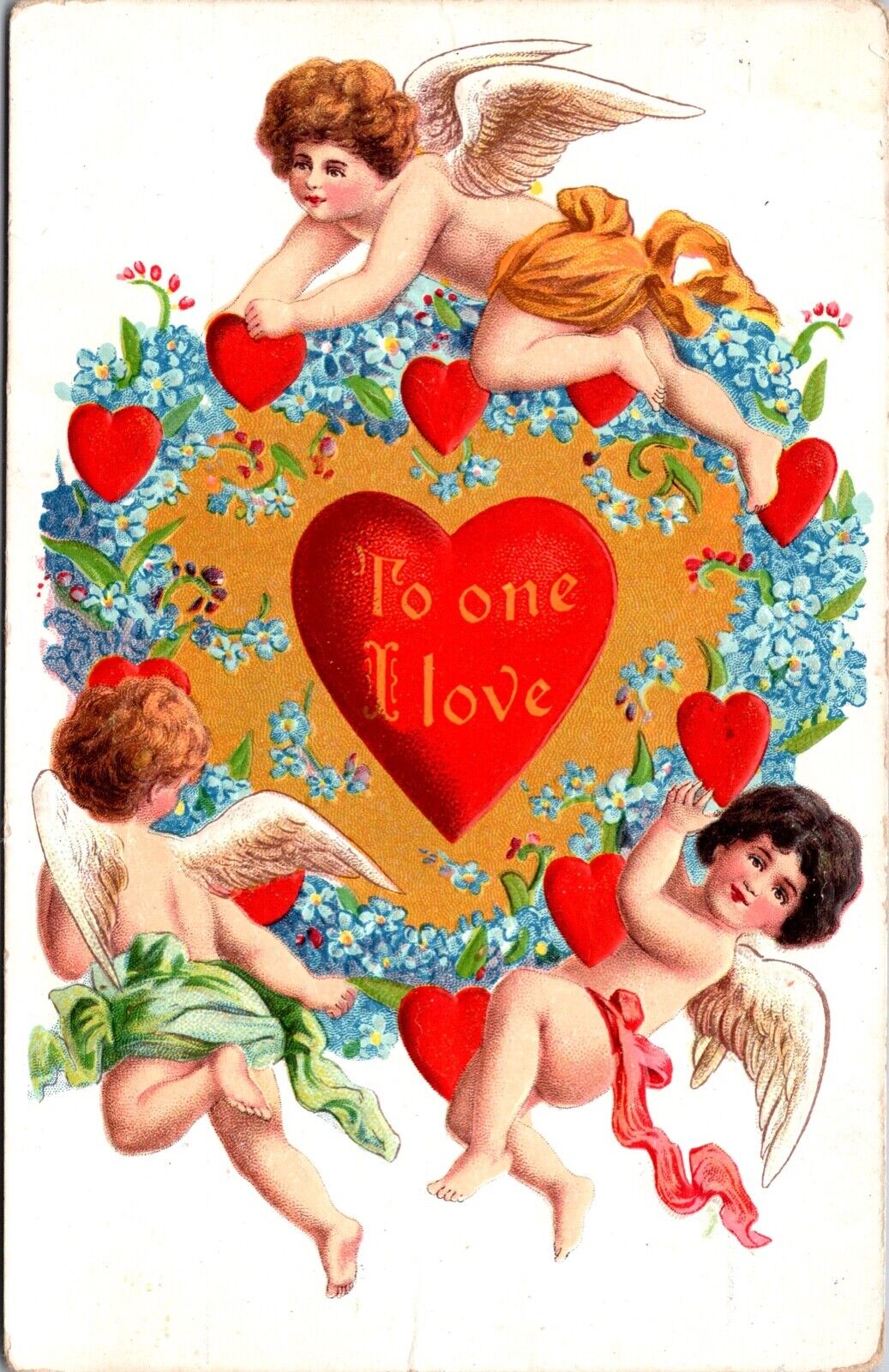 Valentine Postcard Cherubs with Hearts and Blue Forget Me Not Flowers~736