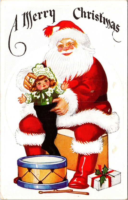 Christmas Postcard Santa Claus Filling Stocking with Green Doll, Drum