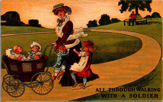 Comic Postcard Mother with lots of Children All Through Walking With a Soldier