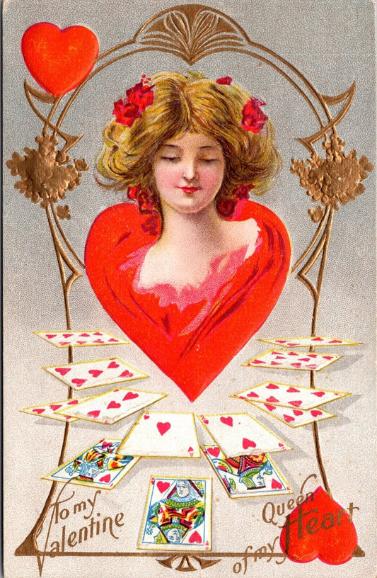 Valentine's Day Postcard Queen of Hearts Woman Inside Heart and Playing Cards