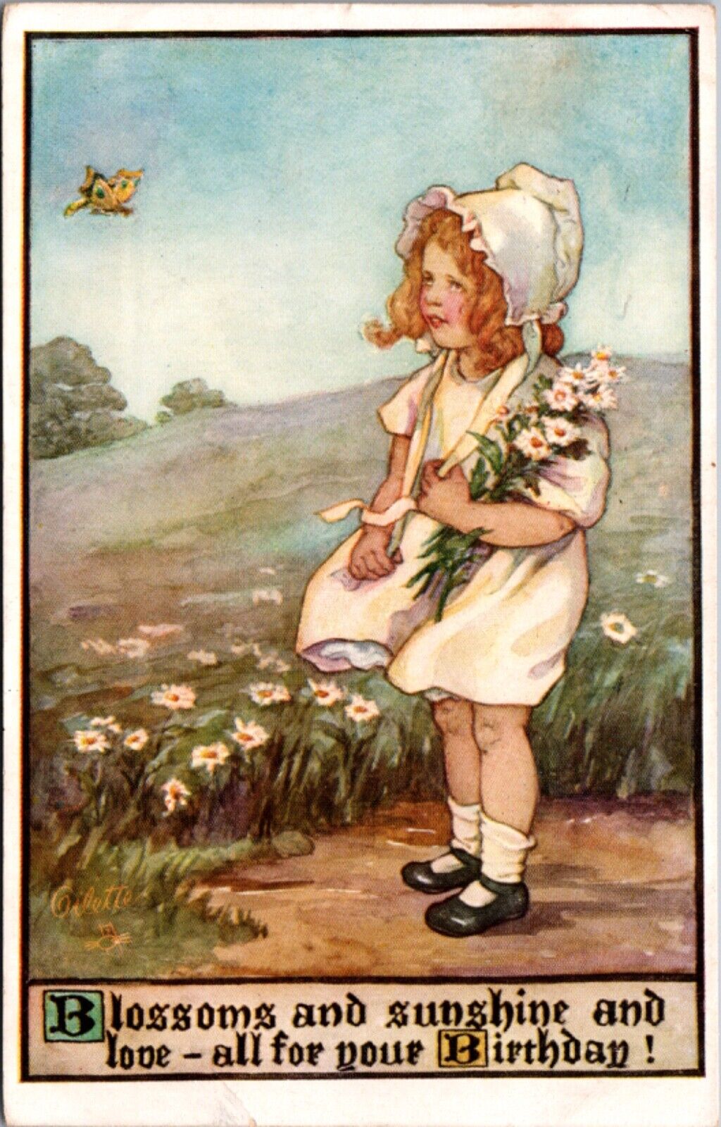 Birthday Postcard Young Girl Picking White Daisy Flowers From a Field