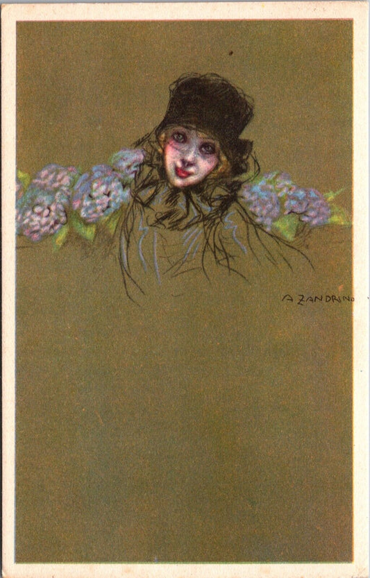 A Zandrino artist PC Figure Sketch Woman's Face Hat with Purple Blue Flowers