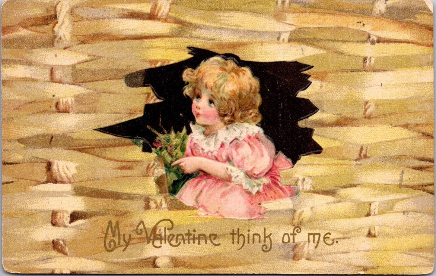 Valentine Postcard Little Girl Wearing Pink Inside a Wicker Basket