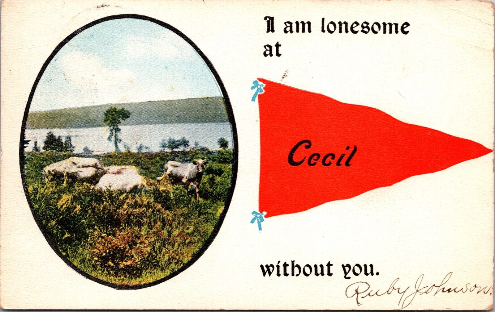 Advertising Postcard Pennant Flag Animals in a Field in Cecil, Maryland