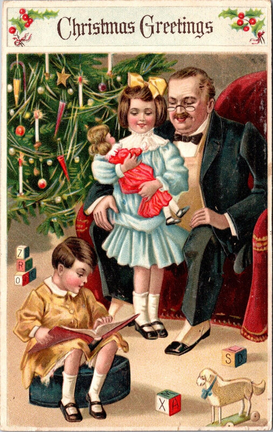 Christmas Postcard Tuxedo Wearing Father with Son and Daughter Doll Sheep Blocks