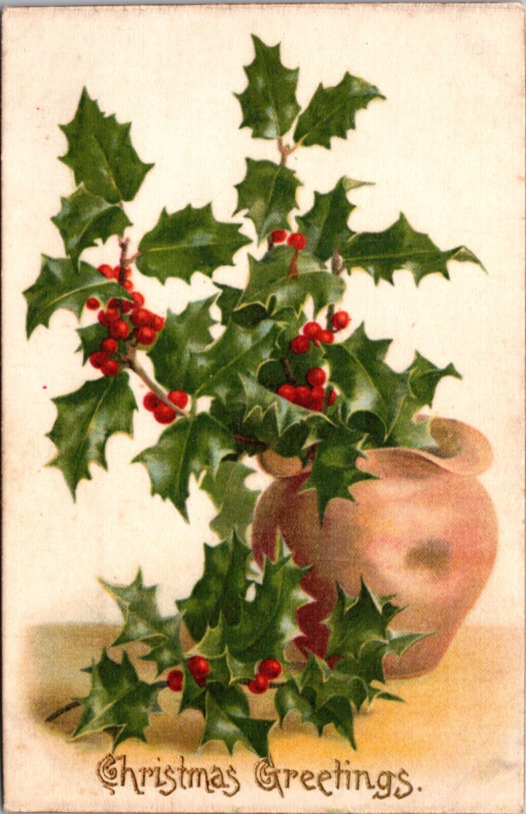 Silk Christmas Greetings Postcard Holly in a Vase