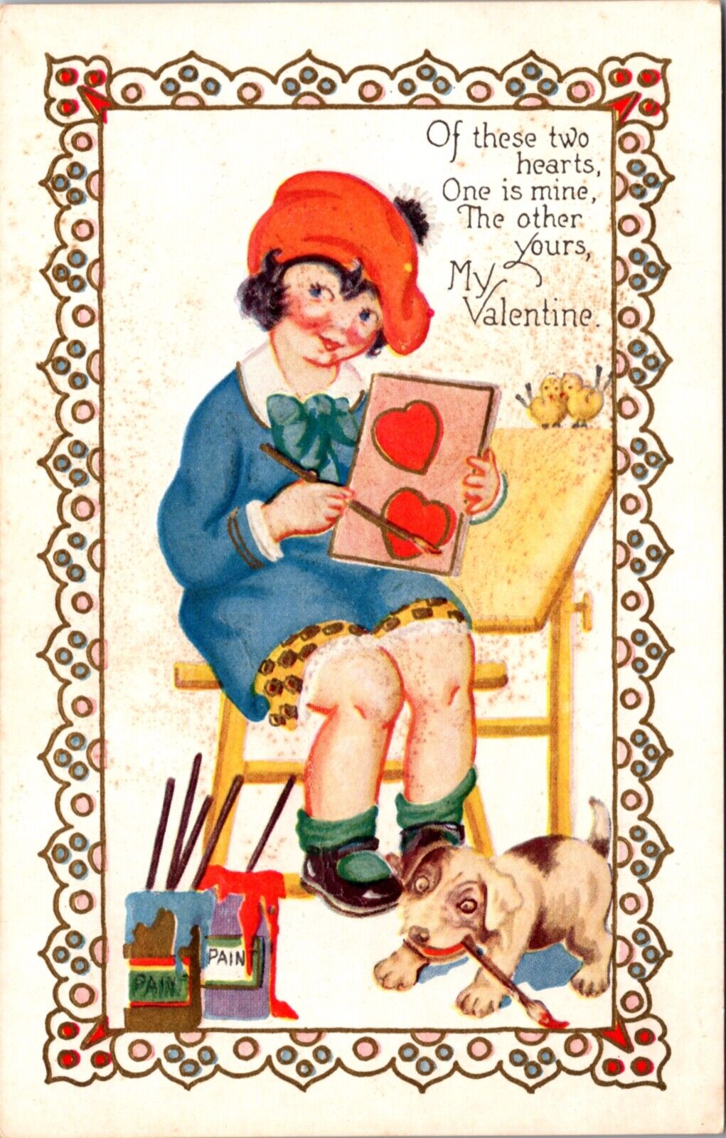 Valentine's Day Postcard Little Girl Painting Hearts Dog Paint Brush in Mouth