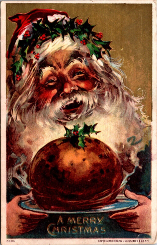 A Merry Christmas Postcard Santa Claus Holding Pudding Food Holly Crown