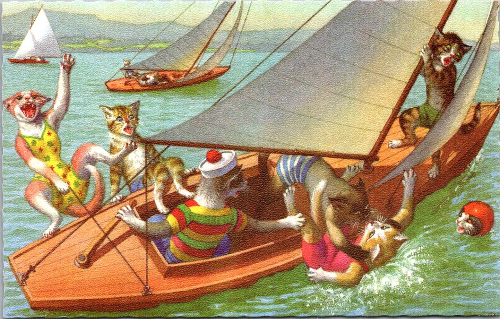 Alfred Mainzer Postcard Dressed Cats Fighting on a Sailboat