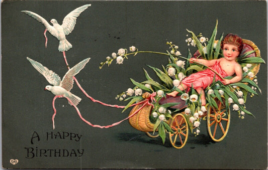 Birthday Postcard White Doves Pulling Child in Cart Filled with Flowers