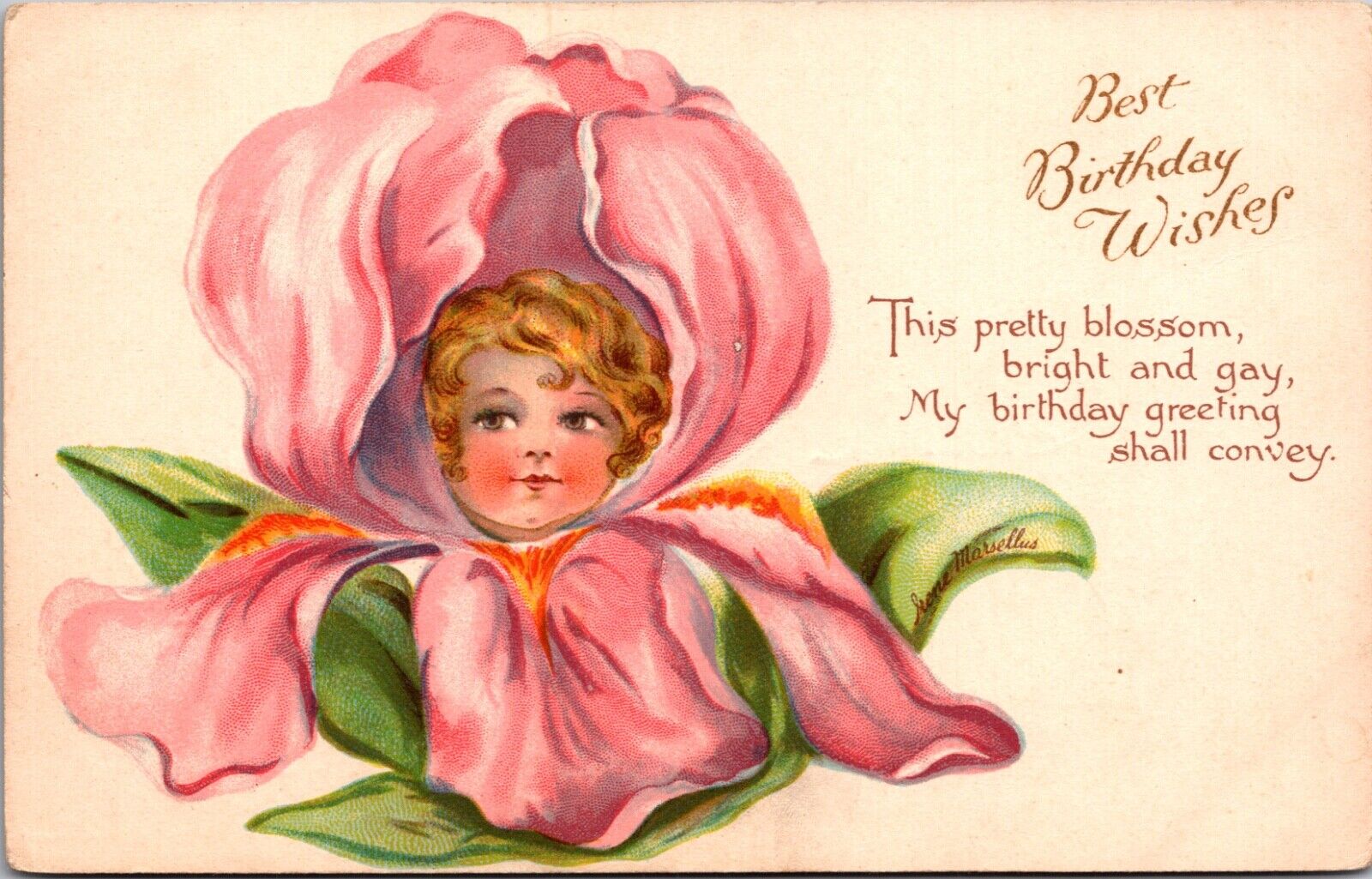 Best Birthday Wishes Postcard Young Child Baby Face Inside a Flower