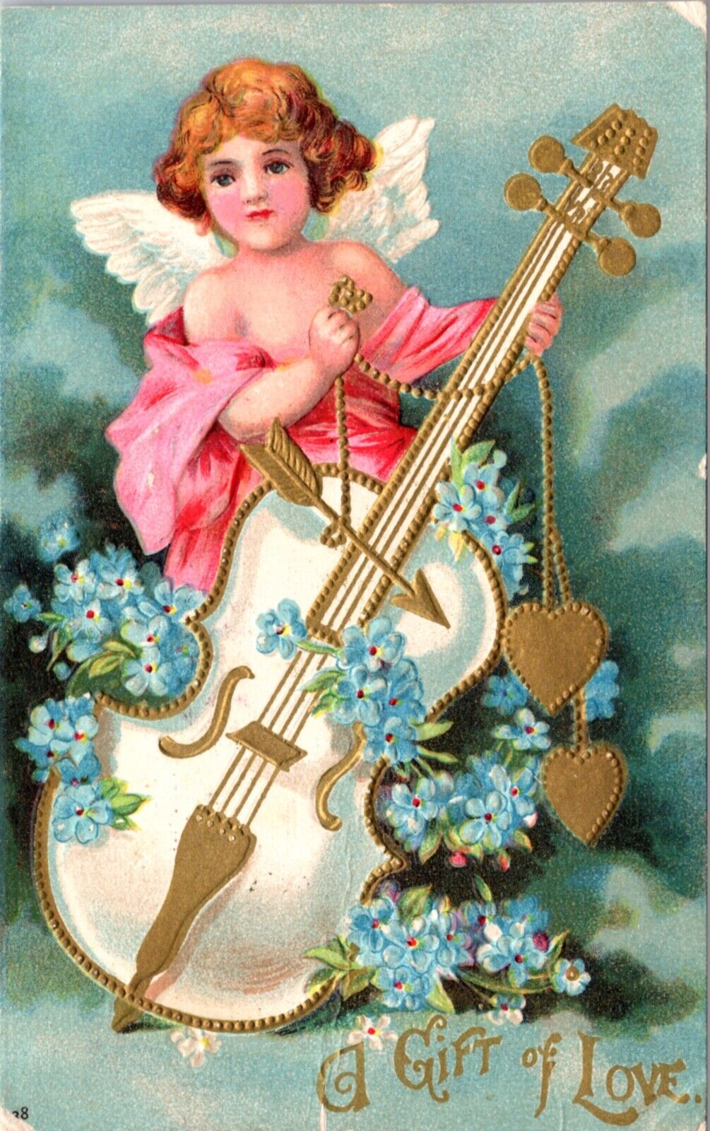 Valentine's Day PC Cupid Cherub Angel White Cello Blue Flowers Gold Hearts Arrow