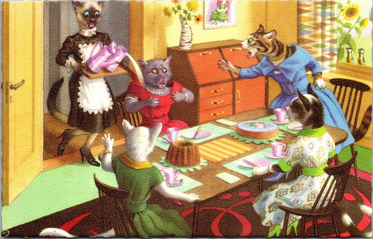 Alfred Mainzer Postcard Dressed Cats Formal Tea Time Maid Spills Onto Guest