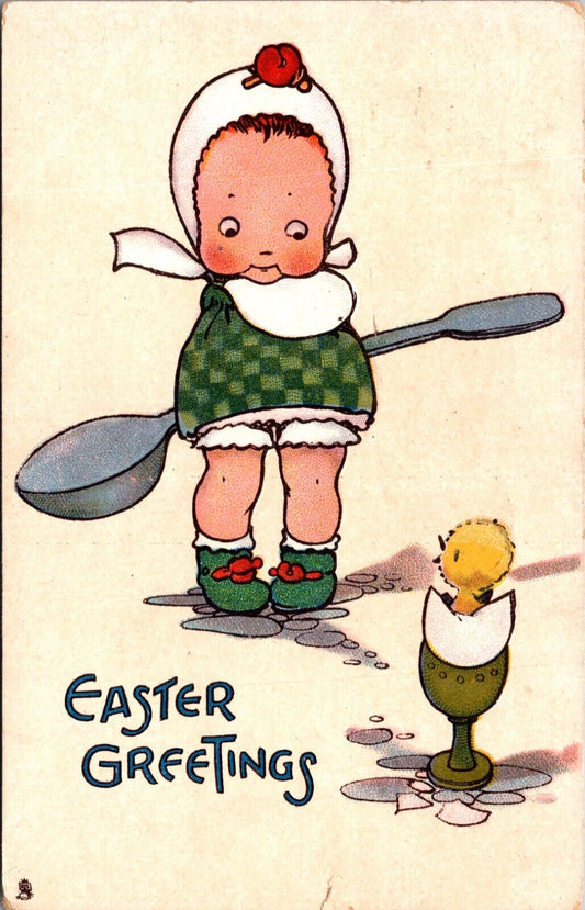 Easter Postcard Child with Giant Spoon Breaks Open Egg to find a Chick Inside