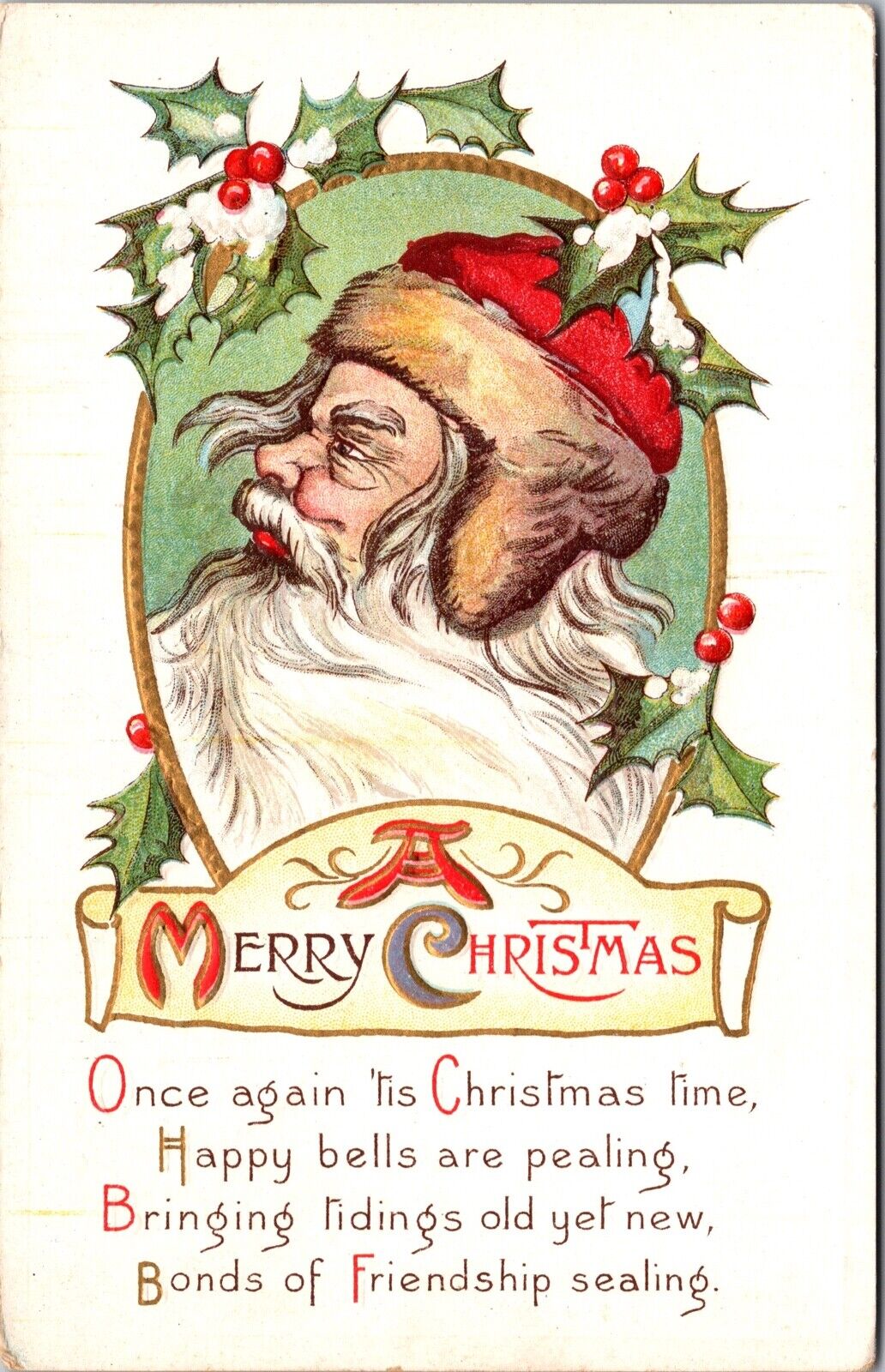 Christmas Postcard Santa Claus with His Hair Blowing in the Wind~3238