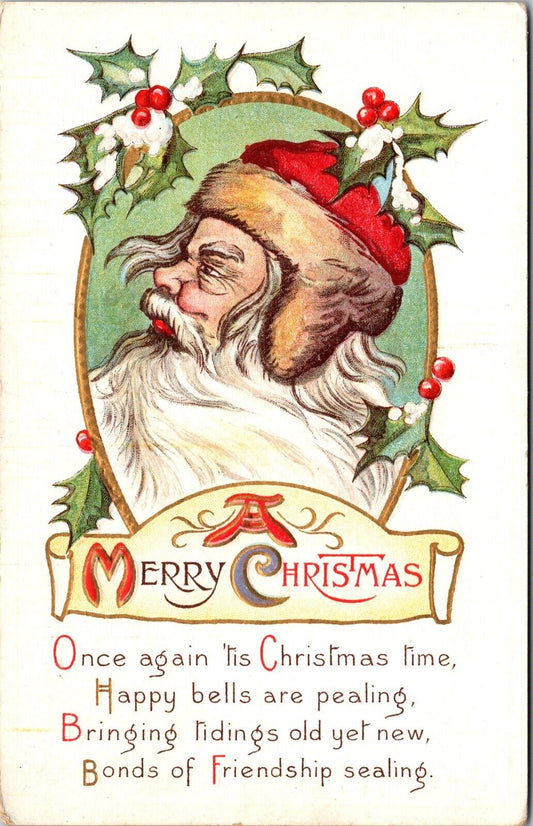 Christmas Postcard Santa Claus with His Hair Blowing in the Wind~3238