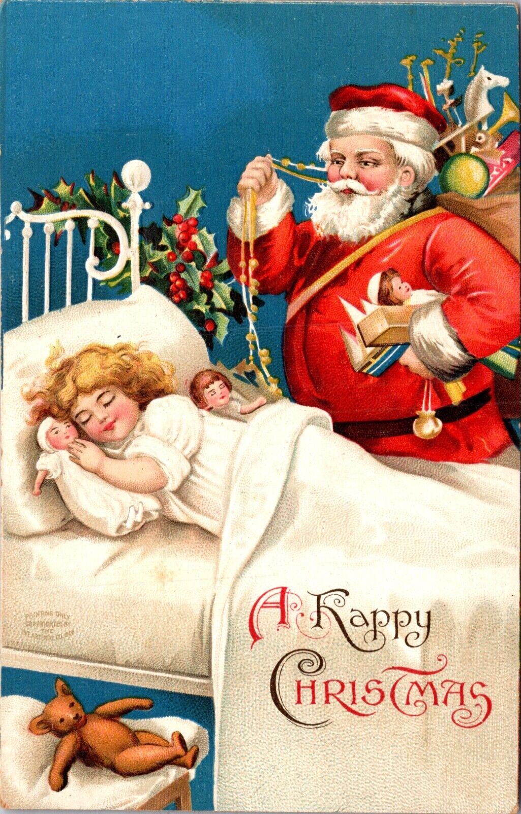 Christmas Postcard Santa Claus Leaving Toys Doll Teddy Bear with Sleeping Girl