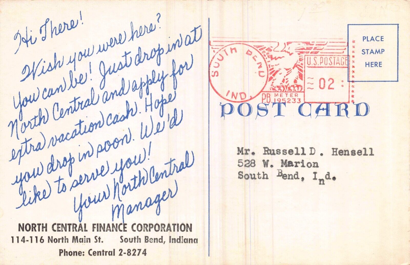 AD Postcard North Central Finance Corporation in South Bend, Indiana~130276